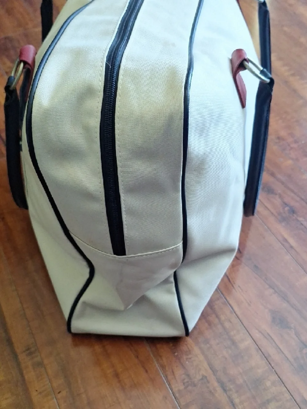 Estee Lauder Cream Duffel Weekender Vintage Bag Handles White, Red & Blue